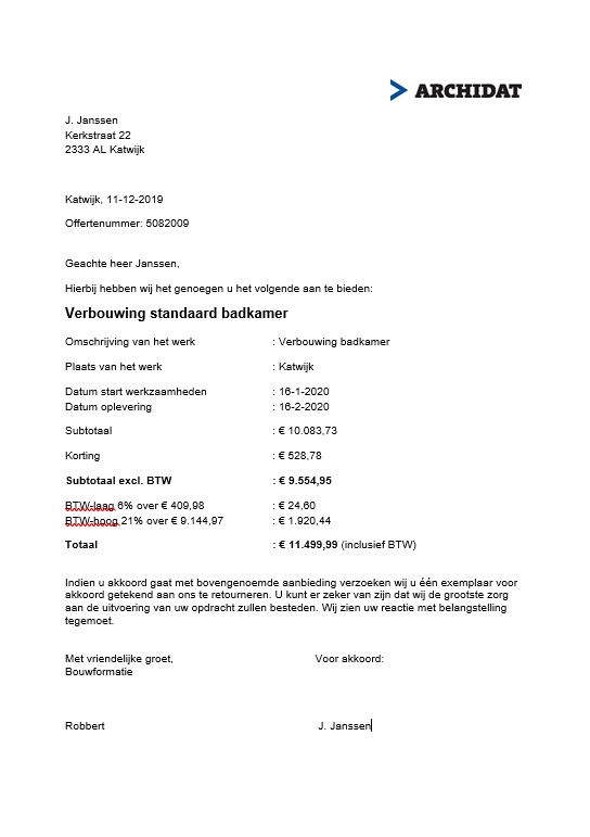 Voorblad voor offerte ArchiCalc Calculatiesoftware