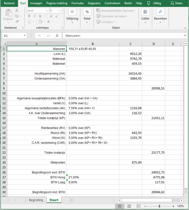 Exporteren naar Excel ArchiCalc Calculatiesoftware